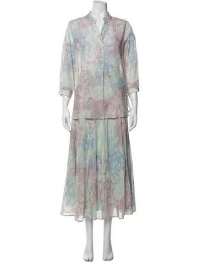 Pre-owned Luisa Beccaria Floral Print Ruffle Embellishment Skirt Set In Green