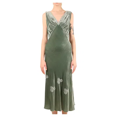 Pre-owned Luisa Beccaria Green Velvet Silver Lace V Neck Sleeveless Midi Dress It 42-44