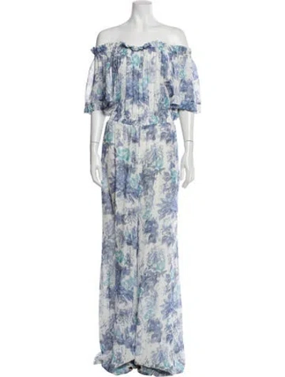 Pre-owned Luisa Beccaria Printed Off-the-shoulder Jumpsuit In Blue