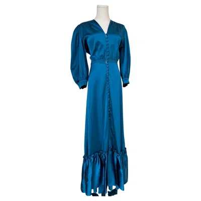 Pre-owned Luisa Beccaria Teal Acetate Smocked Shoulder Midi Dress For Women In Green