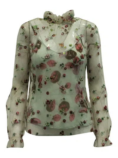 Pre-owned Luisa Beccaria Vintage Floral Embroidered Mesh Blouse In Neutral