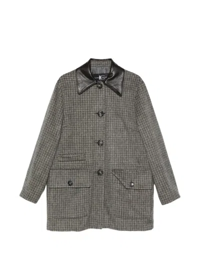Luisa Cerano Check-pattern Leather-collar Coat In Grey