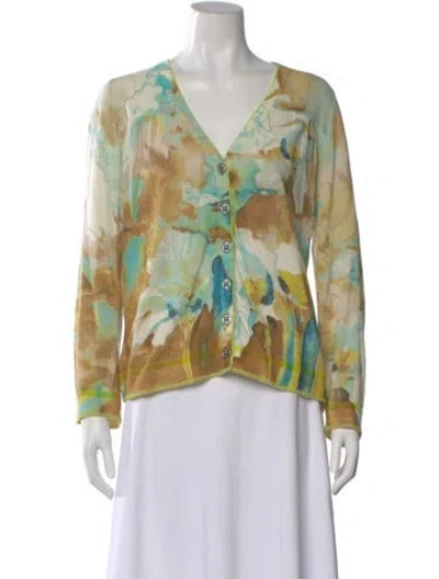 Pre-owned Luisa Cerano Floral Print V-neck Sweater In Green