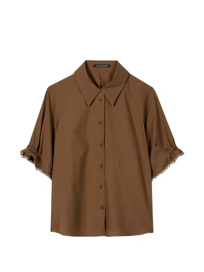 Luisa Cerano Frayed-edge Gathered-sleeve Blouse In Brown