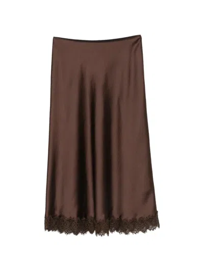 Luisa Cerano Lace-trim Satin Midi Skirt In Brown
