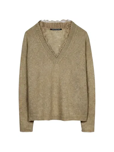 Luisa Cerano Lace-trim V-neck Sweater In Brown