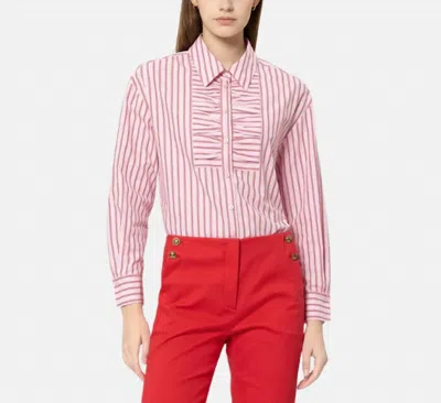 Luisa Cerano Striped Ruffle Front Blouse In Pink In Multi