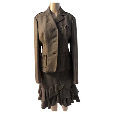 Pre-owned Luisa Spagnoli Brown Wool Skirt Suit Size 46 With Ruffle Skirt