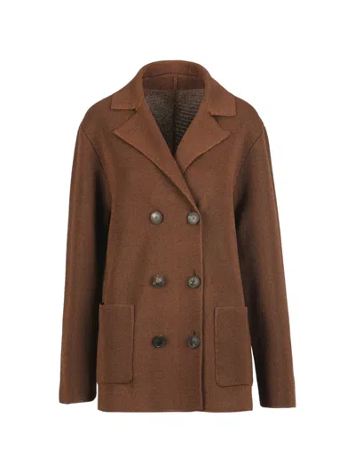 Luisa Spagnoli Commissario Double-breasted Knitted Peacoat In Brown