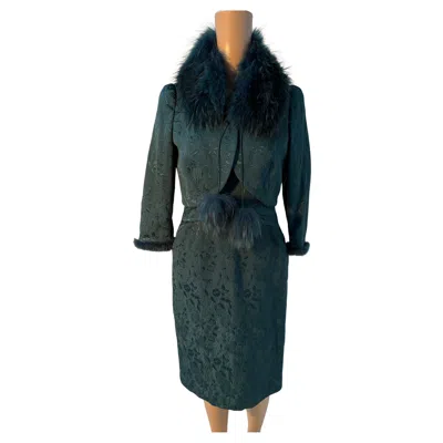 Pre-owned Luisa Spagnoli Green Textured Dress And Jacket Set Size 42 With Fur Trim