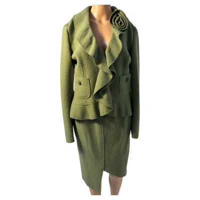 Pre-owned Luisa Spagnoli Green Wool Skirt Suit Size 44 With Ruffle Detail