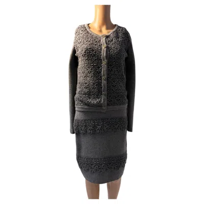 Pre-owned Luisa Spagnoli Grey Wool Knit Skirt Suit With Lace Details Elegant Set In Gray