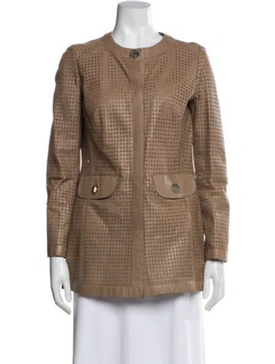 Pre-owned Luisa Spagnoli Leather Plaid Print Jacket In Brown