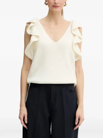 Luisa Spagnoli Manubrio Ruffled V-neck Top In Neutral