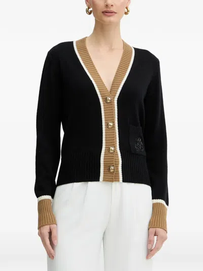 Luisa Spagnoli Monoposto Beaded-logo Buttoned Cardigan In Black