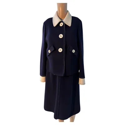 Pre-owned Luisa Spagnoli Navy Skirt Suit Size M With Contrast Collar In Blue