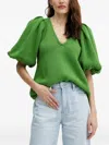 Luisa Spagnoli Puff-sleeve V-neck Top In Green
