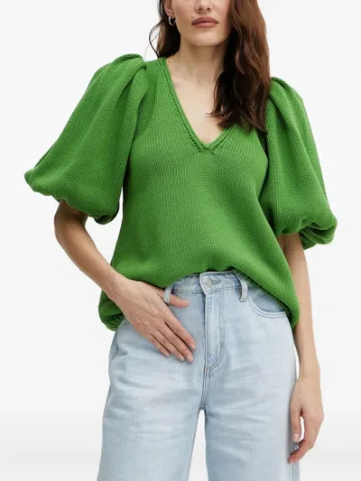 Luisa Spagnoli Puff-sleeve V-neck Top In Green