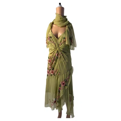 Pre-owned Luisa Spagnoli Silk Dress Size 46 With Floral Embroidery In Brown