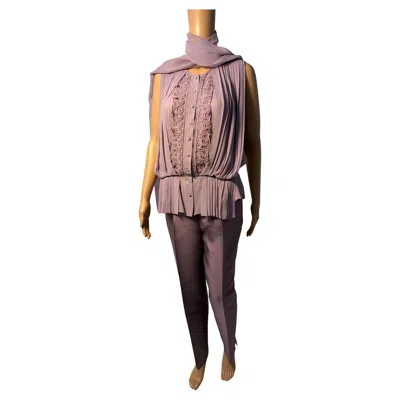 Pre-owned Luisa Spagnoli Silk Ensemble With Lace And Pleated Details, Italy In Brown