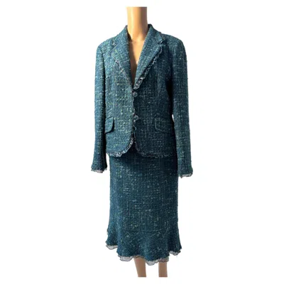 Pre-owned Luisa Spagnoli Teal Tweed Skirt Suit Textured Wool Blend Italy In Green