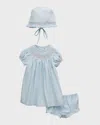 Luli & Me Kids' Girl's Floral Smocked Bishop Dress W/ Bonnet & Bloomers In Blue