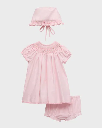 Luli & Me Kids' Girl's Floral Smocked Bishop Dress W/ Bonnet & Bloomers In Pink