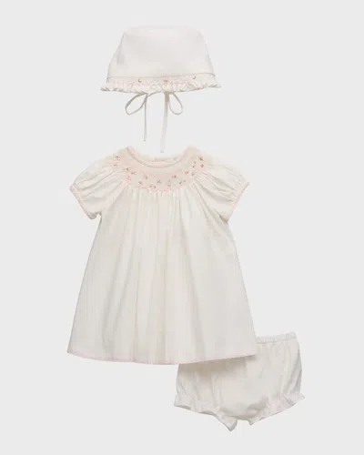 Luli & Me Kids' Girl's Floral Smocked Bishop Dress W/ Bonnet & Bloomers In White