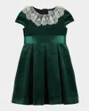 Luli & Me Kids' Girl's Pleated Velvet Lace-collar Dress In Green