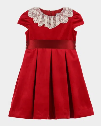 Luli & Me Kids' Girl's Pleated Velvet Lace-collar Dress In Red