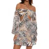Luli Fama Animale Long Sleeve Cut Out Short Dress In Cream In White