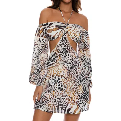 Luli Fama Animale Long Sleeve Cut Out Short Dress In Cream In White