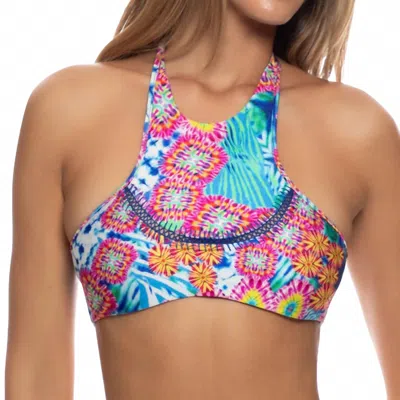 Luli Fama Beautiful Mess Curved Stitch High Neck Bikini Top In Multi