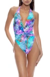 Luli Fama Front Twist Halter One Piece In Blue