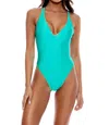 Luli Fama Luli Chic Luxe Stitch V-neck One Piece Bodysuit In Blue In Green