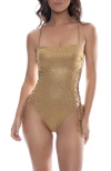 Luli Fama Metallic Square Neck Laced Up One Piece In Gold