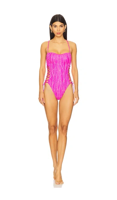 Luli Fama Square Neck Laced Up One Piece In Fuchsia