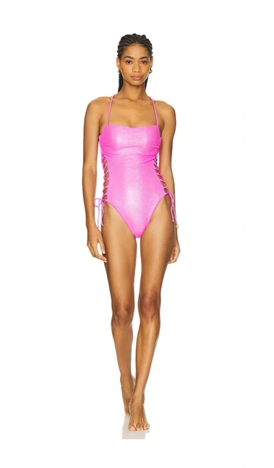 Luli Fama Square Neck Laced Up One Piece In Metallic Pink