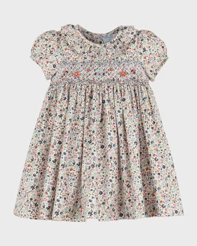 Luli & Me Girls Blue Mulberry Floral Smocked Dress with Collar & Sash