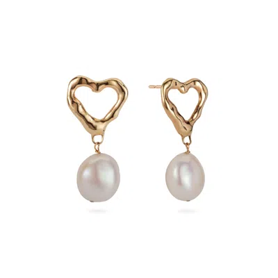 Lulu And Boo Jewellery Women's Gold / White Solid Nine Carat Gold Heart Stud Earrings With Drop Pearl In Multi