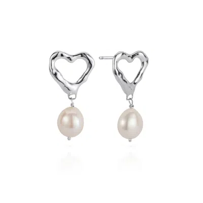 Lulu And Boo Jewellery Women's Silver / White Solid Sterling Silver Heart Stud Earrings With Drop Pearl In Multi