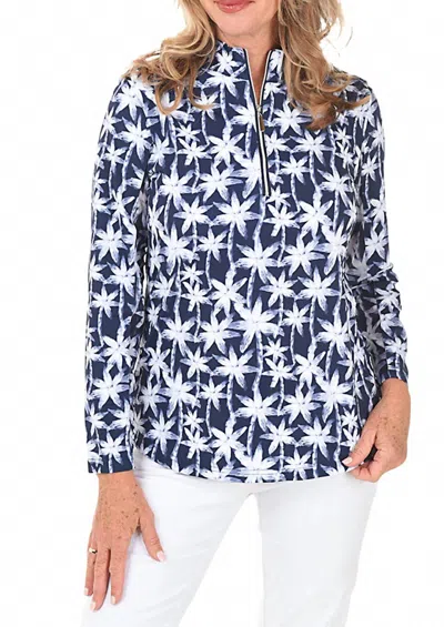 Lulu-b Bahama Print Half Zip Pullover In Turquoise Daisy In Blue