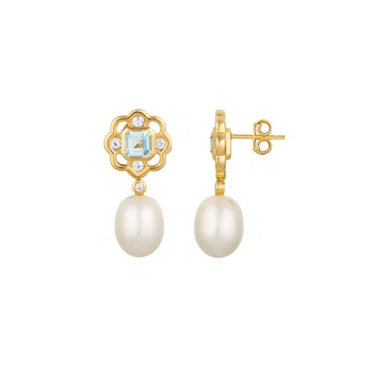 Lulu B London Women's Blue Topaz & Pearl Gemstone Flower Gold Stud Drop Earrings