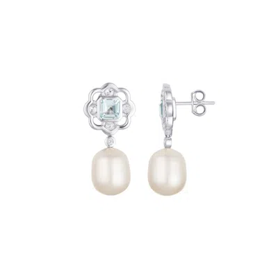 Lulu B London Women's Blue Topaz & Pearl Gemstone Flower Silver Stud Drop Earrings