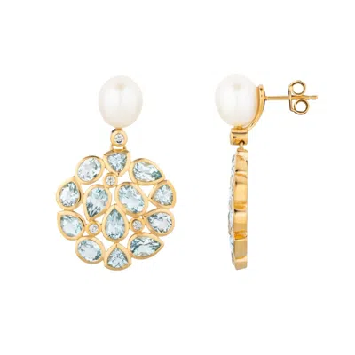 Lulu B London Women's Blue Topaz & Pearl Statement Gold Stud Drop Earrings