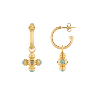 Lulu B London Women's Blue Topaz Cross Gemstone Charm Gold Hoop Earrings