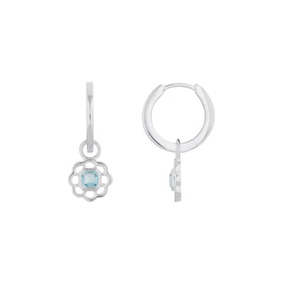 Lulu B London Women's Blue Topaz Gemstone Flower Silver Drop Hoop Earrings