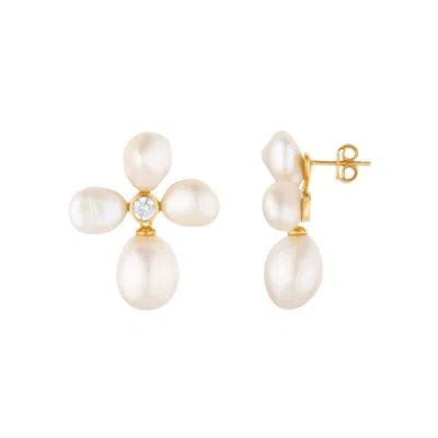 Lulu B London Women's Pearl Flower Stud Drop Gold Earrings With Cubic Zirconia