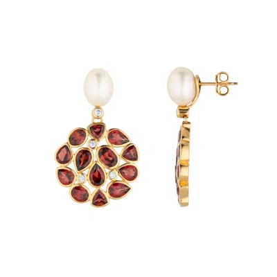 Lulu B London Women's Red Garnet & Pearl Statement Gold Stud Drop Earrings