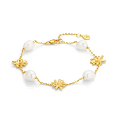 Lulu B London Women's White Daisy Flower & Pearl Gold Chain Bracelet